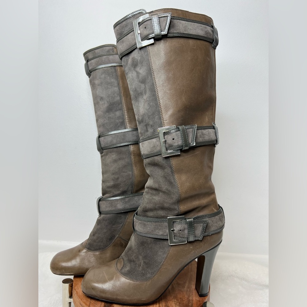 Cole Haan Nike Air Knee High Buckle Heel Boot Gray Suede Tan Leather Women’s 8.5